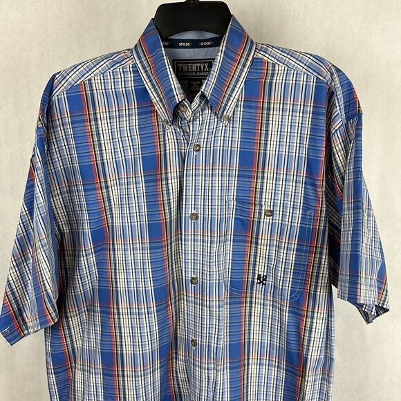 Wrangler 20X Button Front Shirt Mens Sz M Short Sleeve Plaid Blue Red White USA - Picture 2 of 7